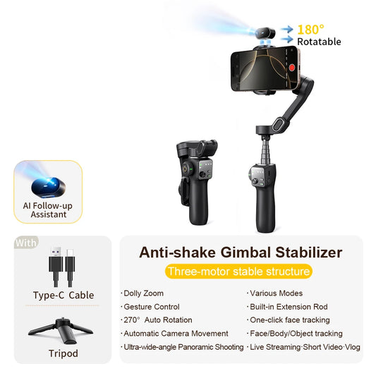 Smart V8™ Gimbal – 3-Axis Phone Stabilizer with Tripod & AI Tracking (including: AI Follow-up assistant)