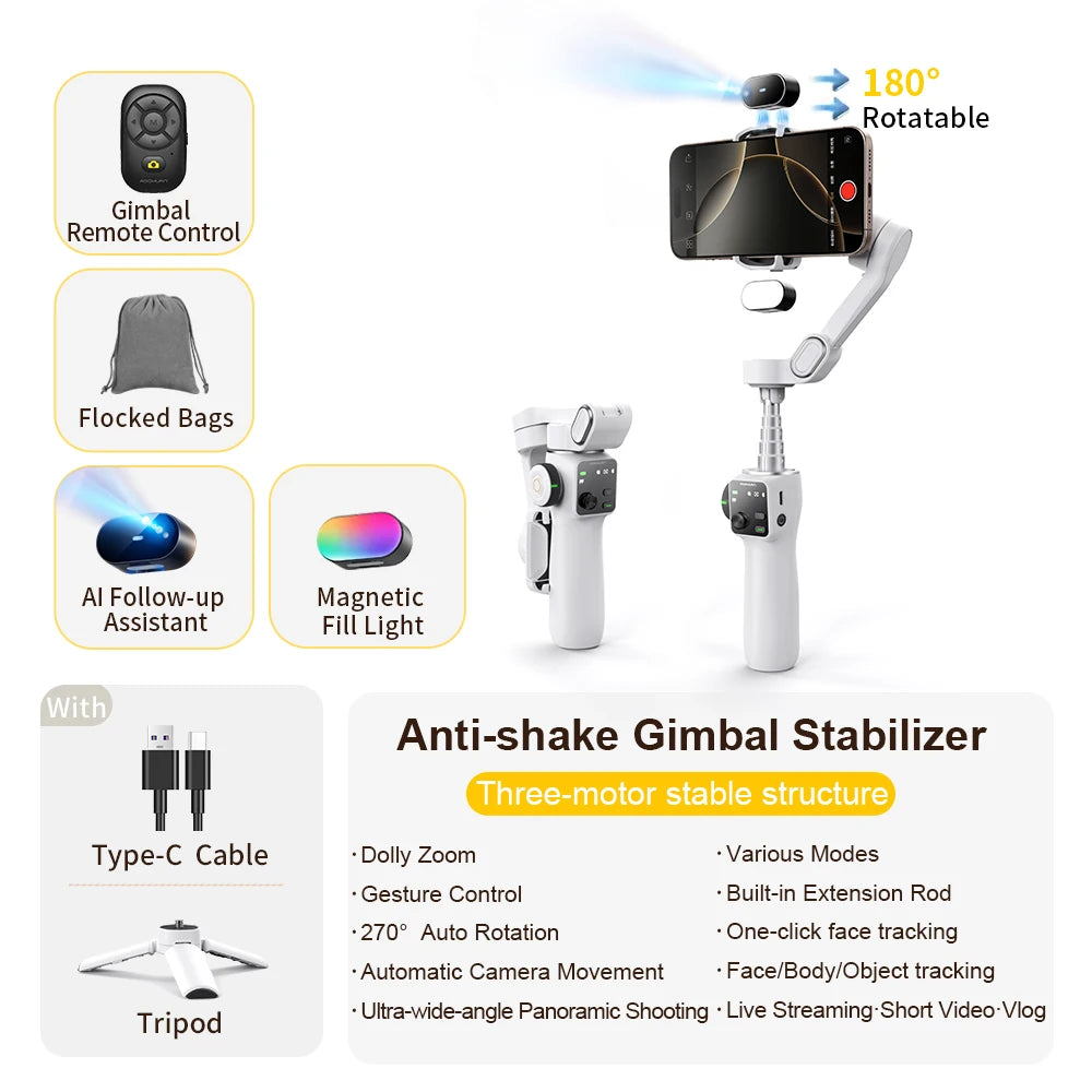 Smart V8™ Gimbal – 3-Axis Phone Stabilizer with Tripod & AI Tracking (Full Kit)