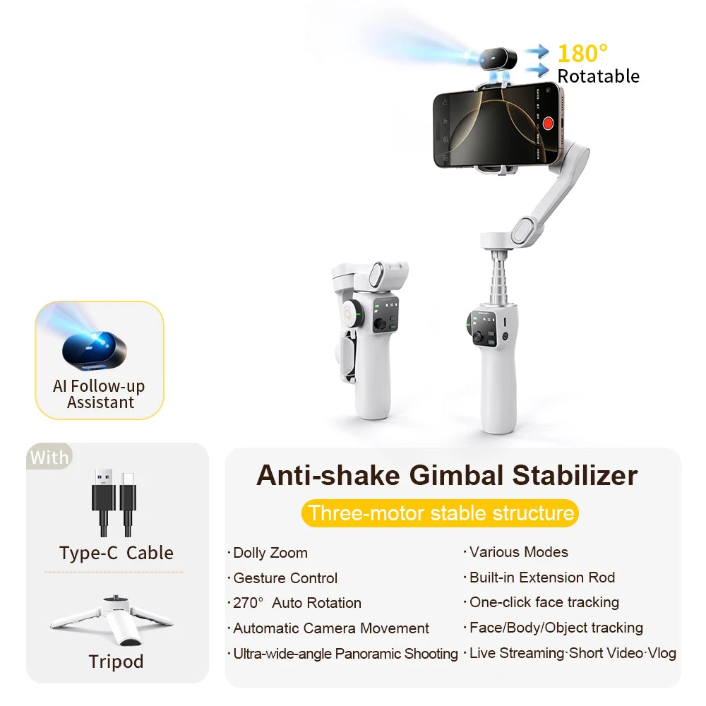 Smart V8™ Gimbal – 3-Axis Phone Stabilizer with Tripod & AI Tracking (including: AI Follow-up assistant)