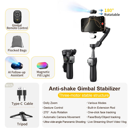 Smart V8™ Gimbal – 3-Axis Phone Stabilizer with Tripod & AI Tracking (Full Kit)